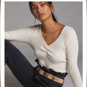 Anthropologie D T.LA Cinched V-Neck Top Ivory Sz Medium